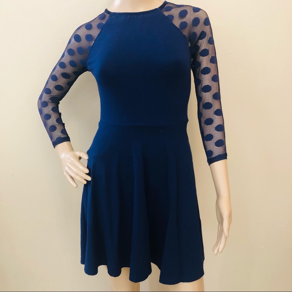 Express Blue Dotted Mesh Raglan Sleeve Skater Dress